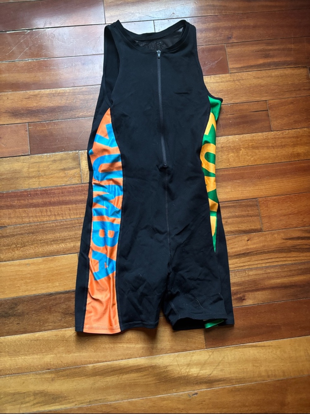 Zumba Black One-Piece Bodysuit with Orange & Green Panels